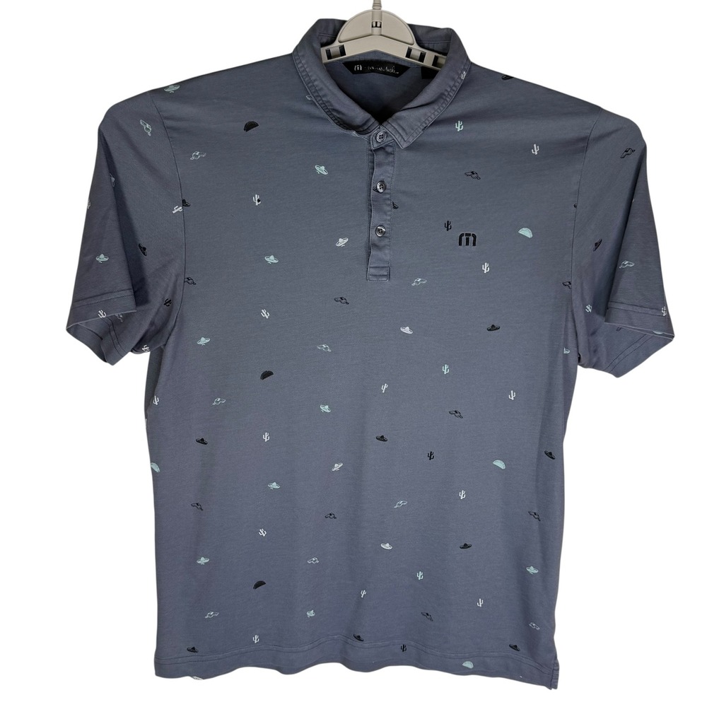 Travis Mathew Mens Gray Cactus Taco Sombrero Print Pima Cotton Golf Polo Shirt L - Picture 2 of 10